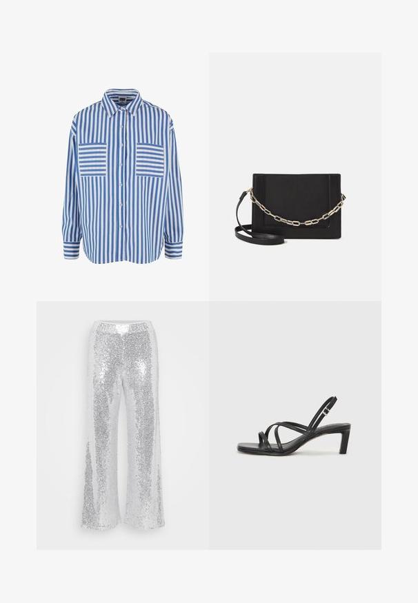 Kék és fehér csíkos ing gombos elülső résszel, hosszú ujjakkal és két mellzsebből áll, amelyek vízszintes csíkokkal díszítettek. Pamut anyag, laza szabású.; Ezüst flitteres, széles szárú nadrág magas derékkal. Az anyag csillog és tükrözi a fényt, sima, fényes textúrával rendelkezik.; Fekete pántos szandál négyzetes orral és alacsony blokk sarkal. Több vékony pánttal és állítható boka pánttal rendelkezik. Sima bőrből készült.; Fekete bőr keresztpántos táska, sima textúrával, téglalap alakú és fém lánc részlettel az elején. Állítható pánttal ellátva.