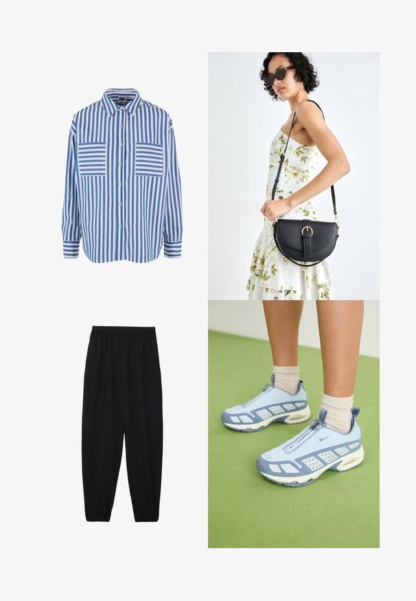 Sinine ja valge triibuline särk nupuvajutusega, pikkade varrukatega ning kahe rinna taskuga, millel on horisontaalsed triibud. Puuvillane materjal, lõtv lõige.; Mustad, kerge kangas püksid elastse vöökoha ja kokku volditud pahkluudega. Kanga pind on sile ja disain on lõdvestunud, kitsenev.; Heledad sinised spordijalatsid valgete detailidega, tekstuuriga paneelid ja tõmblukk. Omab nähtavat õhuklotsiga tallat ja kummist välispinda.; Mustmust mustraha kõverate joontega, eemaldatava rihmaga ja kuldsete detailidega. Kotil on klapp, millel on pandladetail.