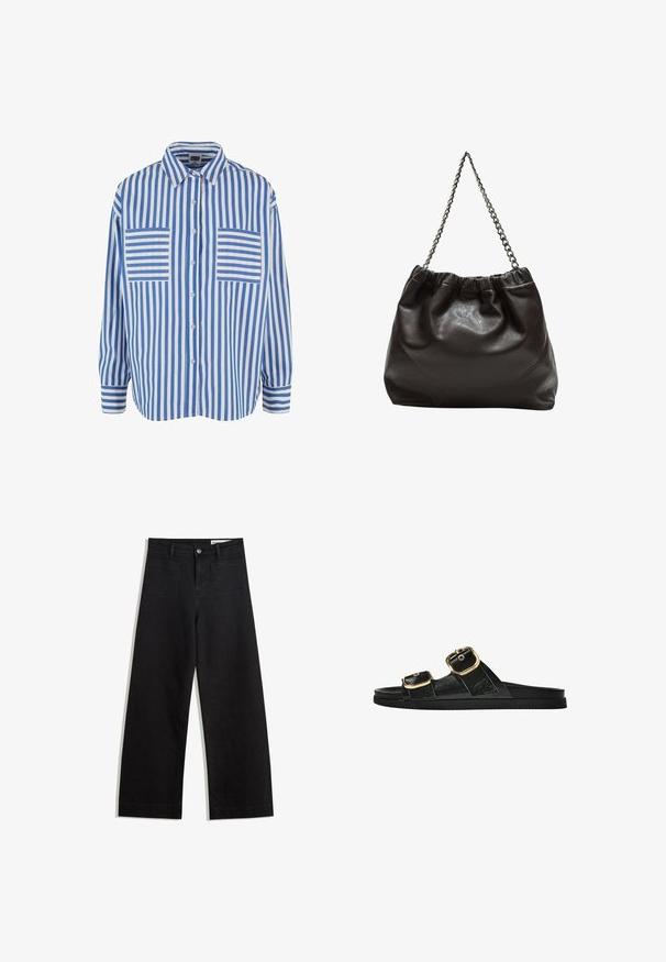 Modra in bela črtasta srajca z gumbnim zapenjanjem, dolgimi rokavi in dvema žepoma na prsih, ki imata vodoravne črte. Iz bombažnega materiala, sproščen kroj.; Črne široke denim hlače z visokim pasom, ki imajo sprednje in zadnje žepe, šivane šive ter gumbasto zapiranje. Gladka tekstura.; Črne drsne sandale z dvema zlatima zaponkama, gladkega materiala, ravnim podplatom in minimalističnim dizajnom.; Rjava usnjena torba z nabranim vrhom in verižnim trakom. Gladka tekstura z sijajno površino in subtilnimi šivi na straneh.
