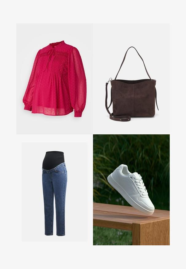 Fuchsia bluse med gennemsigtigt, tekstureret stof, der har plisséer og bindebånd ved halsen. Lange, puffede ærmer og detalje med bølget krave.; Graviditetsjeans med ben i blå denim og en sort strækbare abdominalpanel designet til at støtte og dække en voksende mave.; Hvid sneaker med en glat syntetisk overdel, perforeret tåboks, flade snørebånd og en tekstureret sål, præsenteret på en træoverflade.; Brun ruskinds tote bag med en blød tekstur, der har en enkelt skulderrem og en diskret buet topåbning. Ingen synlige hårde detaljer.