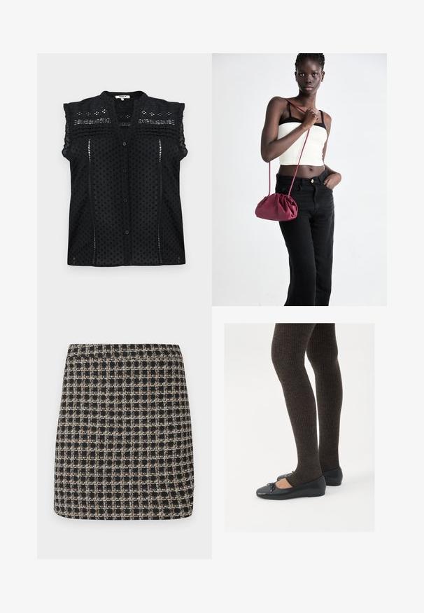 Crna bluzica kratkih rukava s kopčanjem na dugmad, koja se odlikuje teksturiranim točkicama, delikatnim čipkastim detaljima i višeslojnim volanom na ramenima.; Crna i bež karirana mini suknja s teksturiranim tkivo i glatkim pojasom, koja ima strukturirani kroj i jednostavan dizajn.; Crne ravne cipele s malim mašnom na vrhu prstiju, uparene s tamnosmešnim rebrovanim čarapama. Cipele imaju glatku teksturu i nizak profil.; Bordo mekani torbeni sakupljenog dizajna s dugom trakicom, nošenom preko tijela. Model nosi bijelu kratku majicu i crne traperice.