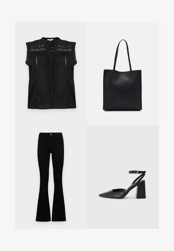 Zwarte blouse met korte mouwen en knoopsluiting, voorzien van textuur met stippen, delicate kantaccenten en een gelaagd ruchesdetail op de schouders.; Zwarte hoge taille jeans met een knoop- en ritssluiting, voorzakken en een flared pijp, plat gelegd op een witte achtergrond.; Zwarte leren puntige pump met een enkelbandje en een chunky hak. Vlakke textuur, strakke vormgeving en minimalistische esthetiek.; Zwarte leren handtas met een gladde textuur, rechthoekige vorm en twee lange handvaten. Geen zichtbare hardware of versieringen.