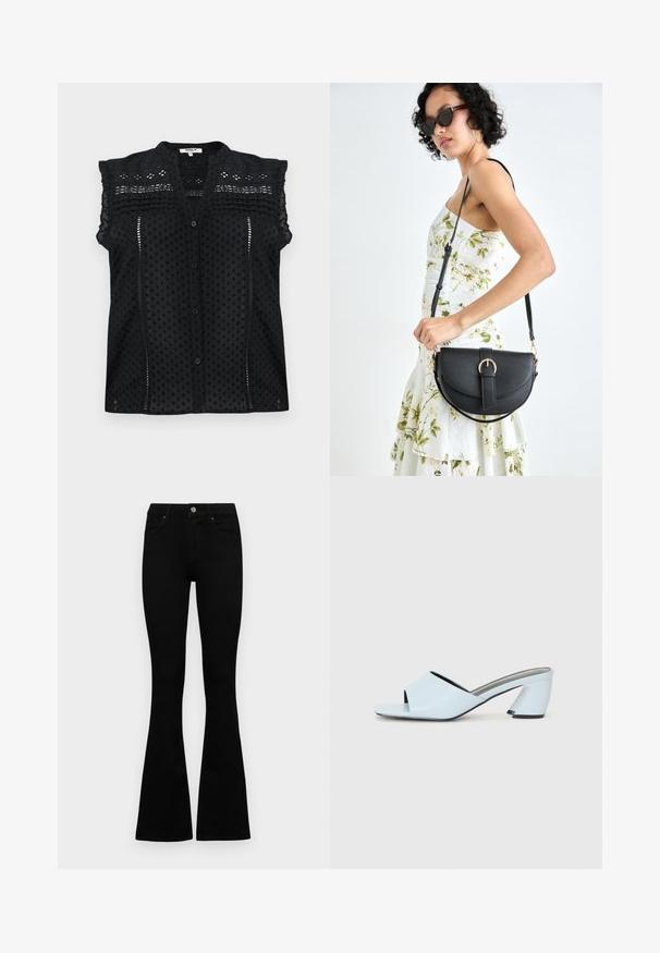 Svart kortermet bluse med knappestolpe, med teksturerte prikkemønstre, delikate blonder og lagdelte volanger på skuldrene.; Sorte høytlivsjeans med knapp og glidelås, frontlommer og utsvingte bein liggende flatt på en hvit bakgrunn.; Lyseblå åpne tå hæl mules med geometrisk design, med en bred stropp over foten og en fyldig, vinklet hæl.; Svart lærveske med en buet form, avtagbar stropp og gullbeslag. Vesken har et klaff med spenne-detall.