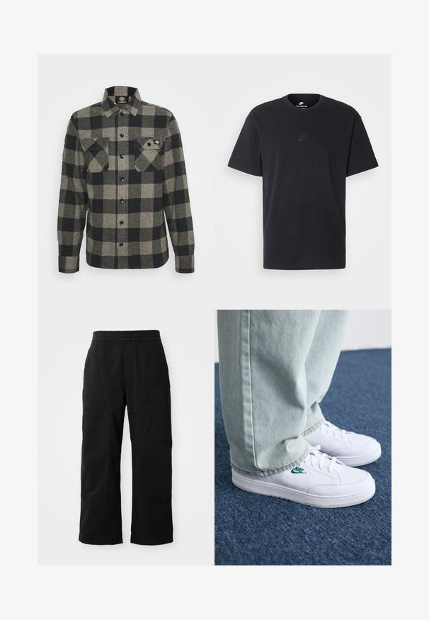 Camisa de flanela em xadrez preto e cinza com mangas longas, frente abotoada, dois bolsos no peito e uma barra ligeiramente curva. Tecido texturizado.; T-shirt de algodão preto da Nike com um clássico decote redondo, mangas curtas e um logótipo em relevo discreto no peito. Textura suave.; Calças de algodão pretas com cintura elástica, design de perna larga e grandes bolsos laterais. O tecido parece suave com uma textura lisa.; Tênis de couro brancos com logo verde da Nike, bico redondo, sola plana, combinados com calças de denim azul claro, exibidos sobre um tapete azul.