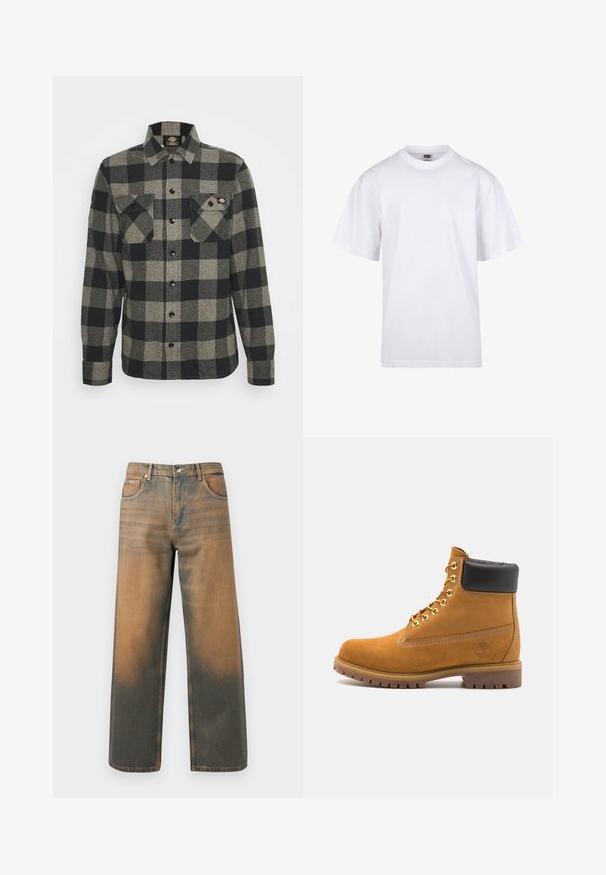 Čierno-sivá károvaná flanelová košeľa s dlhými rukávmi, zapínaním na gombíky vpredu, dvoma náprsníkmi a mierne zakriveným spodným okrajom. Textúrovaná tkanina.; Biela bavlnená tričko s okrúhlym výstrihom, krátkymi rukávmi a voľným strihom. Má jednoduchý dizajn bez vzorov alebo akcentov.; Džínsy s širokými nohavicami v poškodenom modrom a hnedom denime. Majú vysoký pás, predné vrecká a klasické zapínanie na gombík s kovovými akcentmi.; Tyrkysové semišové členkové topánky s čiernym polstrovaným golierom, zlatými kovovými očkami, bielym prešívaním a robustnou gumovou podrážkou s výraznými drážkami.