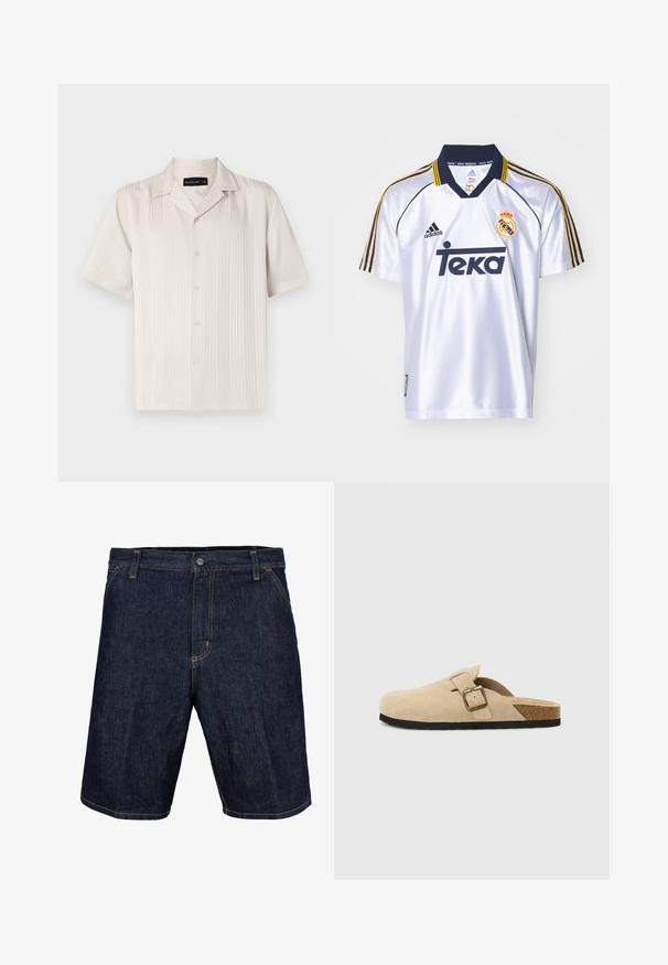 Beżowa koszula z krótkim rękawem o subtelnej, pionowej fakturze, z zapięciem na guziki i kołnierzykiem w kształcie pointy. Lekki materiał.; Biała koszulka piłkarska z granatowym kołnierzem i akcentami. Posiada trzy czarne paski na ramionach oraz duże niebieskie logo "Teka".; Jeansowe szorty w ciemnoniebieskim kolorze z żółtymi szwami, z przodem zapinanym na guzik, szlufkami na pasek i bocznymi kieszeniami. Gładka faktura, długość do kolan.; Beżowe zamszowe klapki z korkową wkładką, zaokrąglonym noskiem i prostym paskiem z złotym zapięciem. Gumowa podeszwa zapewniająca przyczepność.