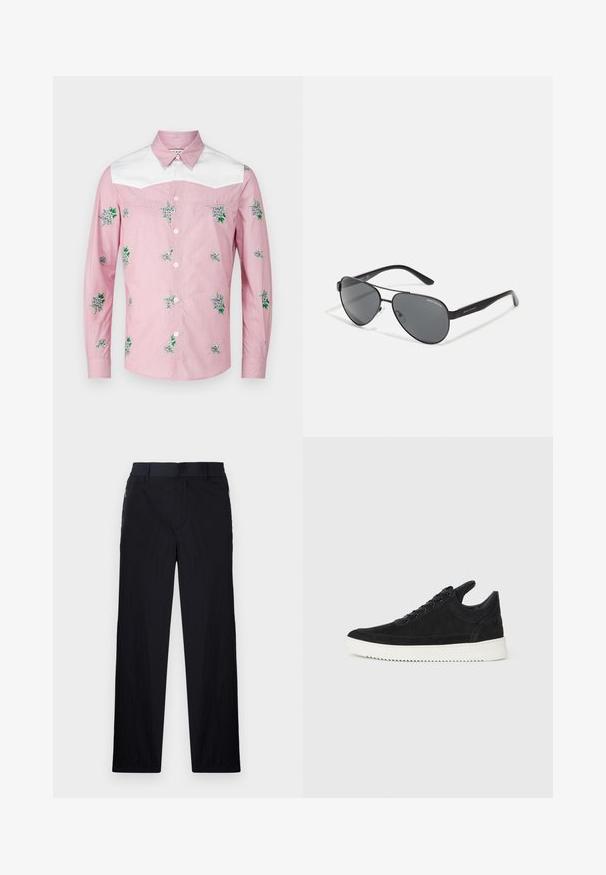 Pikkade käistega roosa ja valge särk. Omab lillelist tikandit ja valget õlavarreosa. Valmistatud kergest kangast, millel on nööpide kaudu kinni keeratav esikülg.; Mustad püksid, millel on kerge, tekstuuriga kangas, sirge jala disain, elastne vöökoht ja küljetaskud sipsiga.; Must mustel kingad valge kummist tallaga, millel on toon-toonis õmblused ja paeltega disain. Sile tekstuur ja moodne, voolujooneline kuju.; Mustad aviator-prillid tumedate läätsede, õhukese metallraami ja saledate plastikvarsadega, millel on logo aktsendid.