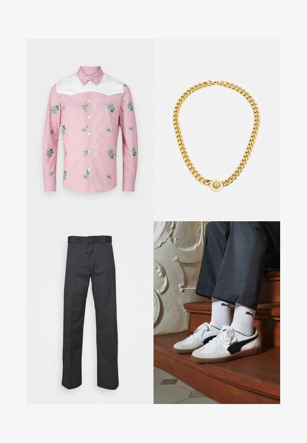 Langærmet skjorte i pink og hvid. Har blomsterbroderi og en hvid bærestykke. Fremstillet af et letvægtsstof med en knaplukning foran.; Sorte bukser lavet af holdbart stof, med et lige ben-design, en talje med bæltesløjfer og sømme for ekstra struktur.; Puma sneakers i hvid og sort ruskind med en brun gummisål. Bæres med hvide sokker med et sort logo og mørke bukser.; Guldkæde med store sammenflettede led, der har en cirkulær vedhængdetalje i midten med et forhøjet emblem.