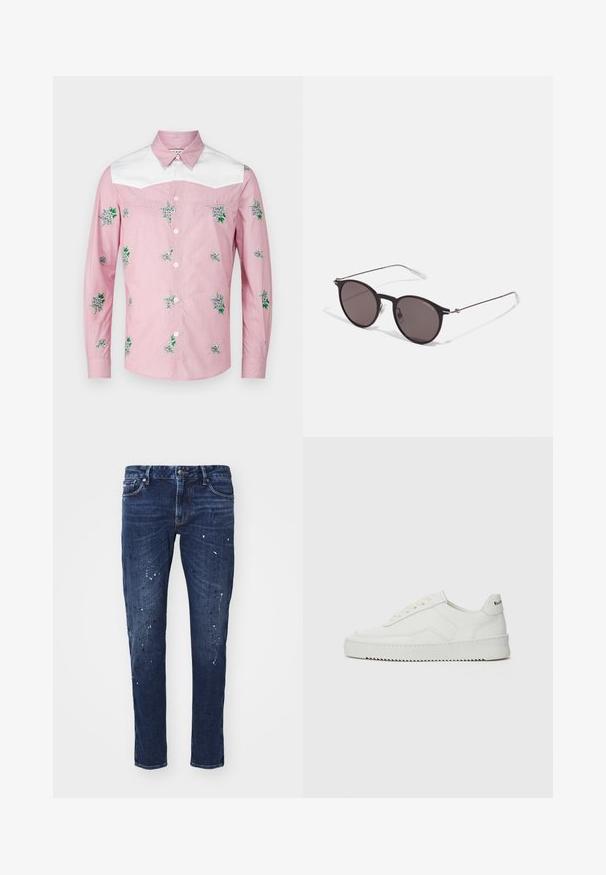 Rózsaszín és fehér hosszú ujjú ing. Virágmintás hímzéssel és fehér nyakkal rendelkezik. Könnyű anyagból készült, cipzáros elülső résszel.; Sötétkék, slim fit farmernadrág, festékcseppekkel, látható varrással és klasszikus öt zsebbel. Egyenes szárú fazon.; Fehér bőr sportcipő sima felülettel, kerek orral, lapos fűzőkkel és texturált talppal. Finom logó található a sarokon.; Fekete kerek napszemüveg sötét lencsékkel és karcsú fém szárakkal. Átlátszó szárvégeket és ezüst részleteket tartalmaz az ívnél. Minimalista dizájn.