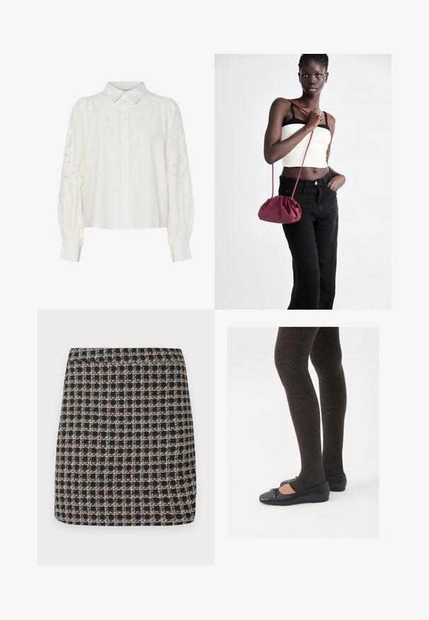 White button-up shirt with embroidered floral patterns on the front and sleeves. Features puffed sleeves and a classic collar.; Black and beige checkered mini skirt with a textured weave and a smooth waistband, featuring a structured fit and simple design.; Black flat shoes with a small bow detail at the toe, paired with dark brown ribbed tights. Shoes have a smooth texture and low profile.; Burgundy soft fabric handbag with a gathered design and a long strap, worn crossbody. Model wears a white crop top and black jeans.