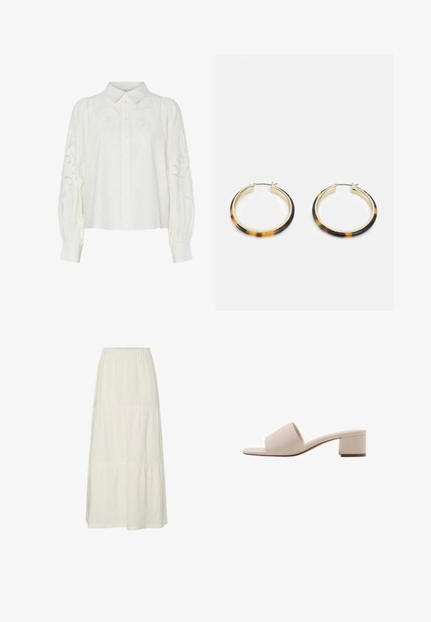 Biela košela na gombíky s vyšitými kvetinovými vzormi na prednej strane a rukávoch. Má naskladané rukávy a klasický golier.; Biela blúzka bez ramienok s volánikmi, riasenou textúrou a elastickým pásom. Vyrobená z jemnej bavlnenej tkaniny.; Biela, poschodová maxi sukňa vyrobená z ľahkej, textúrovanej látky s elastickým pásom. Má tri odlišné sekcie látky.; Bežové sandále na blokovom podpätku s širokým remienkom a otvorenou špičkou. Hladký materiál a elegantný dizajn. Krátky, pevný podpätok pre stabilitu.; Zlaté náušnice vo forme kruhov so vzorom žiabra na vonkajšej hrane z živice, s hladkým povrchom a elegantným, okrúhlym tvarom.