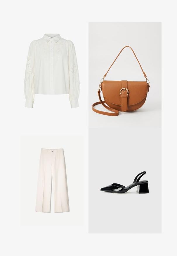 Cămașă albă cu butoni, decorată cu modele florale brodate pe față și pe mâneci. Are mâneci bufante și un guler clasic.; Pantaloni largi de culoare crem, cu un design croit, având două buzunare la față și o închidere cu un singur nasture în față, realizați dintr-un material neted.; Pantofi cu toc slingback din piele lacuită neagră, cu vârf ascuțit și toc geometric. Prezintă un design elegant, minimalist și o textură netedă.; Geantă din piele maro, tip crossbody, cu o formă curbată, accesorii aurii și un accent cu cataramă. Dispune de un curea de umăr detașabilă.