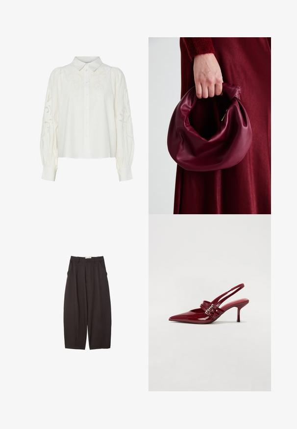 Biela košela na gombíky s vyšitými kvetinovými vzormi na prednej strane a rukávoch. Má naskladané rukávy a klasický golier.; Čierne široké nohavice vyrobené z hladkej tkaniny, s vysokým pásom, prednými skladmi a bočnými vreckami. Jednoduchý dizajn bez ozdôb.; Červené lakované kožené sandále na podpätku s jemne špičatou špičkou, dvoma prackovými remienkami a štíhlym, stredne vysokým ihlovým podpätkom. Hladký povrch.; Burgundská kožená kabelka s mäkkým, zhromaždeným dizajnom a zaobleným tvarom. Rukoväť je pevne zaisťujúca a vystavuje hladkú textúru.