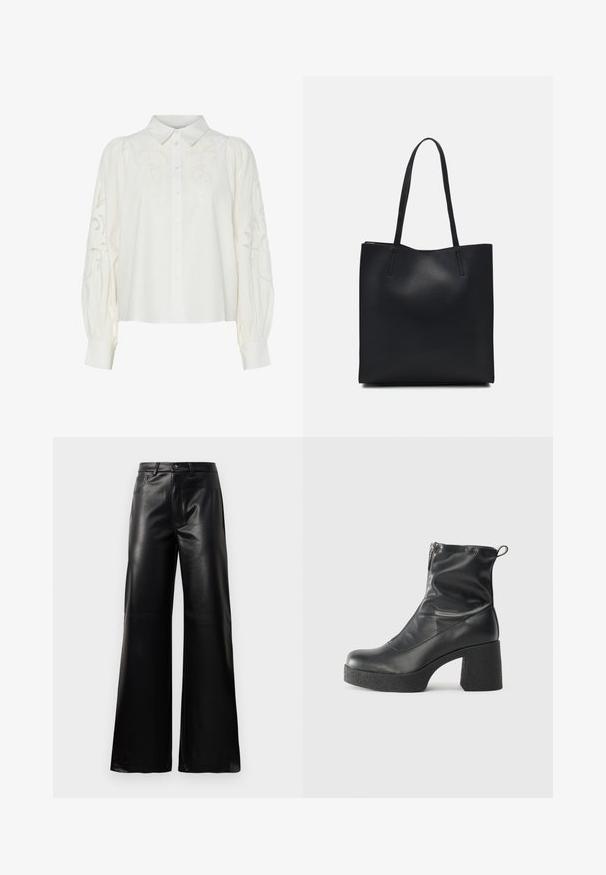 Balta mygtukų marškiniai su siuvinėjimo gėlių raštais priekyje ir rankovėse. Yra pūstomis rankovėmis ir klasikinė apykaklė.; Juodos aukšto juosmens plačios kojų dirbtinės odos kelnės su priekiniais mygtukais, užtrauktuku, diržo kilpomis ir šoninėmis kišenėmis ant balto fono.; Juodos kulkšninių botai, pagaminti iš lygaus odos, su šoniniu užtrauktuku, masyviu tekstūruotu kulnu ir apvaliu pirštu.; Juodas odinis tote krepšys su lygia tekstūra, stačiakampio formos ir dviem ilgais rankenomis. Matomų metalinių detalių ar puošybos nėra.