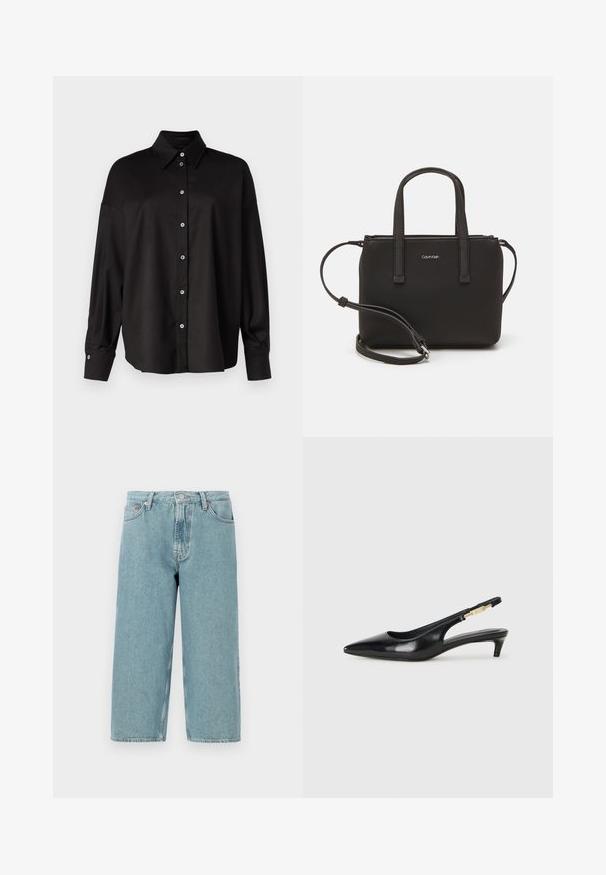 DRYKORN LYSILA - Button-down blouse - black; Light blue denim shorts with a high waist, straight cut, and raw hem. Features a classic button and zipper closure, four pockets.; Black leather slingback heels with a pointed toe, featuring a slim heel and a gold-tone accent on the adjustable strap. Smooth texture.; Black handbag with dual short handles and a removable shoulder strap. Smooth leather-like material with a zip closure and logo detail.