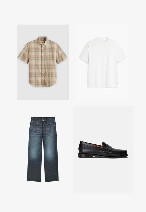 Short-sleeve plaid shirt in beige, brown, and light blue, made of woven cotton, featuring a button-down collar and front buttons.; White cotton t-shirt with short sleeves, crew neck, and subtle Levi's logo printed in the center. Soft texture and standard fit.; Dark blue wide-leg jeans made of denim, featuring five pockets, contrasting stitching, and a button closure at the waist.; Black leather loafers with a smooth finish, rounded toe, and a decorative band across the upper. Features a low black sole.