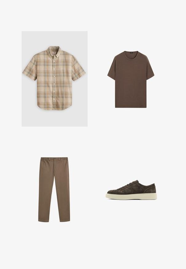 Chemise à manches courtes à carreaux beige, marron et bleu clair, en coton tissé, avec un col boutonné et des boutons sur le devant.; T-shirt en coton marron avec un col rond et des manches courtes. Design simple avec une texture uniforme et une coupe décontractée. Aucun motif ni accent.; Chinos en coton marron avec une coupe droite, une taille élastique et des poches avant. Texture lisse et détails de couture minimalistes.; Baskets en suede marron avec une texture lisse, bout arrondi, semelle en caoutchouc plate et un design à lacets simple. Accents de couture subtils sur les côtés.
