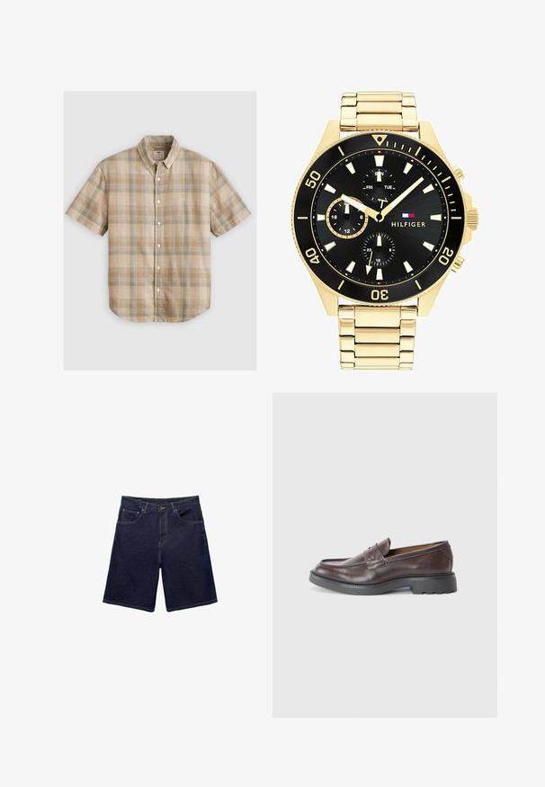 Camicia a maniche corte a quadri nei toni beige, marrone e blu chiaro, realizzata in cotone tessuto, con colletto a punta e bottoni frontali.; Shorts in denim di un blu scuro, caratterizzati da un taglio classico, design a cinque tasche e cuciture a contrasto. Tessuto liscio con una cintura robusta.; Mocassini in pelle marrone con finitura liscia, punta arrotondata, cuciture minime e suola spessa in gomma nera. Nessun hardware o accenti visibili.; Orologio in metallo color oro con quadrante nero, indicatori luminosi e tre sotto-quadranti. Presenta un cinturino testurizzato e il logo “HILFIGER” al centro.