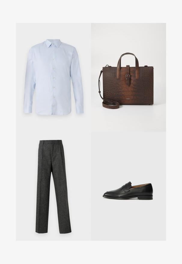 Camicia a maniche lunghe blu chiaro in tessuto morbido con colletto a punta, chiusura frontale con bottoni e orlo arrotondato. Design semplice, senza motivi.; Pantaloni grigi su misura realizzati in tessuto strutturato, con due pieghe frontali e un design a gamba dritta. Nessuna tasca o decorazione visibile.; Mocassino in pelle nera con punta arrotondata, dettagli cuciti sottili e tacco basso, caratterizzato da una texture liscia e un design minimalista.; Borsa in pelle marrone con stampa coccodrillo, dotata di manici superiori e tracolla removibile. Caratterizzata da una chiusura a fibbia e forma rettangolare.
