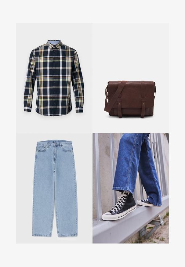 Men's button-up shirt in cotton, featuring a navy, green, and yellow plaid pattern. Includes a spread collar and long sleeves.; Light blue denim jeans with straight leg design, featuring a mid-rise waist, five pockets, and a button and zipper closure.; Black high-top sneakers with white sole and laces, paired with loose blue denim jeans, resting on a gray railing.; Brown leather messenger bag with a flat front flap, two straps, gold hardware accents, and an adjustable shoulder strap.