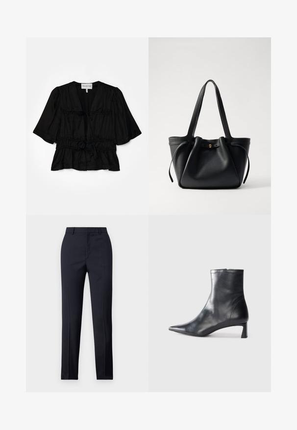 MUNTHE Blůza - black; Navy kalhoty s rovný střih, vyrobené z hladkého materiálu, se dvěma předními kapsami a čistým pasem.; Černé kožené kotníkové boty s špičatou špičkou a elegantním designem. Mají nízký podpatek a zipové zapínání na zadní straně. Hladká textura.; Černá kožená taška přes rameno s dvěma dlouhými popruhy, staženým vrškem a zlatým kruhovým akcentem. Hladký povrch s minimalistickým designem.
