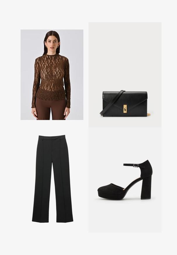 Top in pizzo marrone con maniche lunghe e colletto alto, caratterizzato da un motivo floreale testurizzato. Tessuto trasparente con una silhouette aderente.; Pantaloni neri a vita alta, di taglio ampio, con passanti per cintura e dettaglio della cucitura frontale, presentati su uno sfondo bianco.; Scarpe con tacco a piattaforma nere in suede, dotate di un spesso tacco a blocco, punta arrotondata e cinturino alla caviglia fissato da una fibbia in metallo. Texture liscia su tutta la superficie.; Portafoglio in pelle nera con pattina a pieghe, accessori dorati, con un logo decorativo. Include una tracolla staccabile per il trasporto.