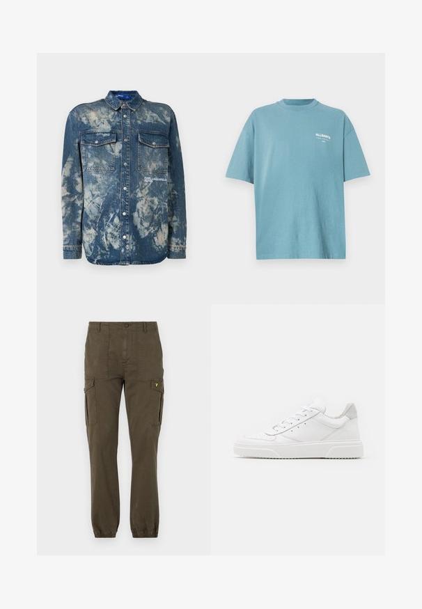 Jeansowa kurtka w jasnoniebieskim kolorze z białym marmurkowym efektem. Posiada dwie kieszenie na piersiach, zapięcie na guziki oraz szczegół z logo „KARL LAGERFELD JEANS”.; Jasnoniebieska bawełniana koszulka z okrągłym dekoltem i krótkimi rękawami. Posiada biały napis logo z przodu, minimalistyczny design i gładką teksturę.; Olive zielone spodnie cargo wykonane z bawełny, z dwoma bocznymi kieszeniami, elastycznymi mankietami i małym żółtym logo w pobliżu pasa.; Białe skórzane trampki o gładkim wykończeniu, zaokrąglonym nosku, płaskich sznurówkach i teksturowanej podeszwie. Szary zamszowy akcent na pięcie.