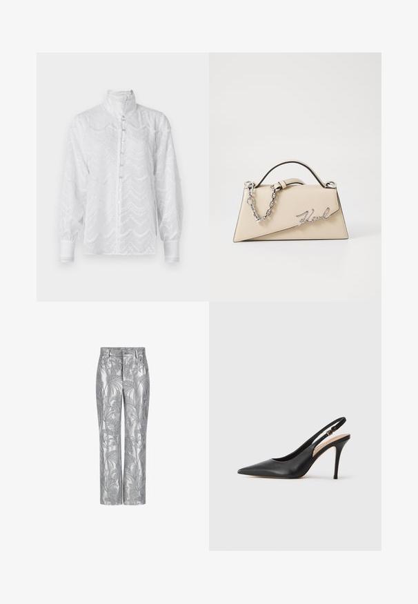 Balta palaidinė su aukštu apykakle, ilgiu rankovėmis ir mygtukų uždarymu. Turinti tekstūrinius banguotus raštus ir nėrinių akcentus ant rankovių.; Sidabriniai siuvinėti kelnių, turintys lapų raštą, tiesaus kirpimo dizainą ir sklandžią, blizgią tekstūrą. Funkcionalios kišenės ir sagos uždarymas.; Juoda odinė slingback aukštakulnė batai su smailiu pirštu, glotnia tekstūra ir delikatia juosta su metaline sagtimi.; Bežinė odinė rankinė su struktūrine trikampio forma, turinti sidabrinę grandinėlę ir metalinį bajorišką logotipą.