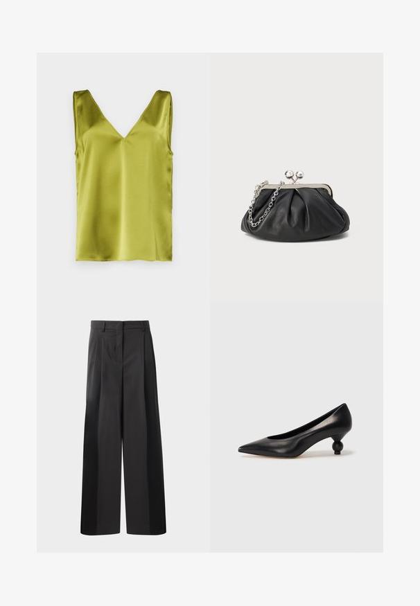 Top sin mangas de satén verde con escote en V y textura suave, con bordes limpios y un diseño minimalista.; Pantalones de pierna ancha negros con cintura alta, que presentan pliegues en la parte delantera, una textura suave y un acabado a medida. Diseñados para un ajuste relajado.; Zapato de tacón alto de cuero negro con puntera afilada y un tacón redondeado y abombado. Textura suave con un diseño elegante y minimalista.; Clutch de cuero negro con textura arrugada, marco de metal en tono plateado, cierre de beso y cadena para colgar. Superficie suave y lisa.