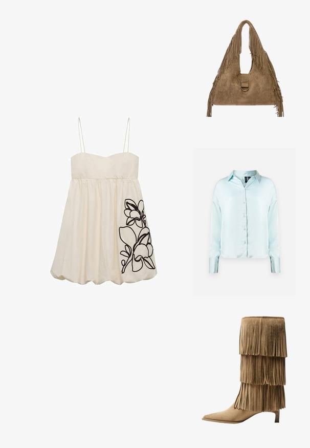 Hellblaue, langärmlige Bluse mit Knopfleiste, klassischem Kragen, weichem Stoff und leicht verkürztem Saum mit umgeschlagenen Ärmeln.; Weißes ärmelloses Kleid mit einem taillierten Oberteil und einem ausladenden Rock, versehen mit schwarzer Blumenstickerei auf der linken Seite. Glatte Stoffstruktur.; Fransen-Stiefelette aus taupefarbenem Wildleder mit drei Lagen Fransen. Spitz zulaufende Zehenpartie und ein niedriger Blockabsatz. Durchgehend glatte Oberfläche.; Suede-Handtasche in Beige mit Schultergurt, fransigen Kanten, runder Ringbeschläge und dekorativen Nähten mit silbernen Nieten.