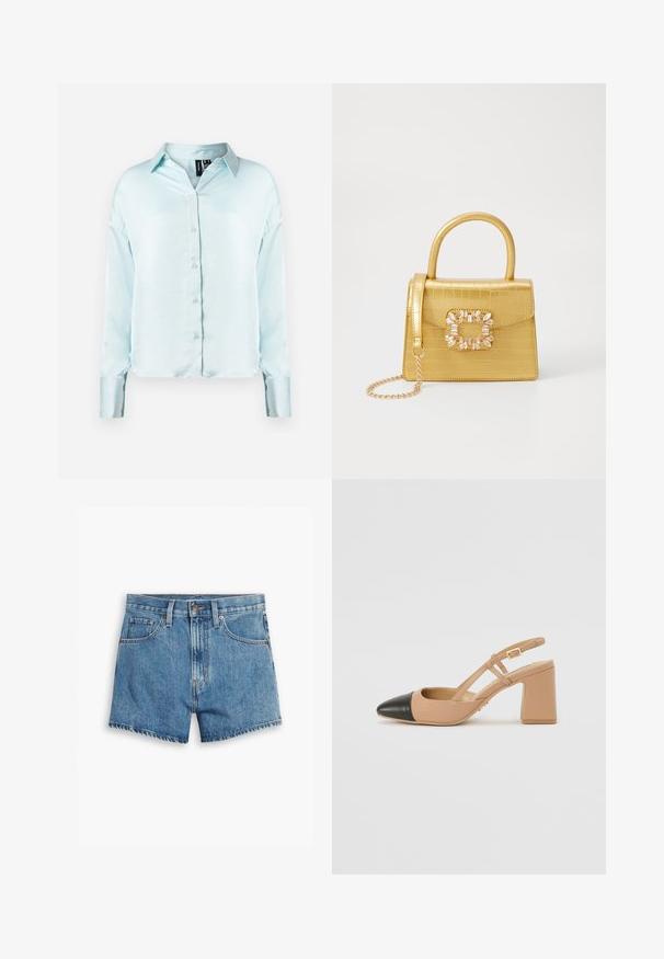Hellblaue, langärmlige Bluse mit Knopfleiste, klassischem Kragen, weichem Stoff und leicht verkürztem Saum mit umgeschlagenen Ärmeln.; Hellblaue Denim-Shorts mit fünf Taschen, einem Reißverschluss und einem Knopfverschluss. Der Saum ist fransig und das Design bietet eine lässige Passform.; Beige Slingback-Schuh mit schwarzer Kappe, quadratischem Absatz und zwei Riemenakzenten, aus glattem Material gefertigt.; Gelbe Kunstleder-Handtasche im Krokodil-Look mit strukturiertem Design, Obergriff, abnehmbarem Kettenriemen und dekorativer Kristallverzierung am Verschluss.
