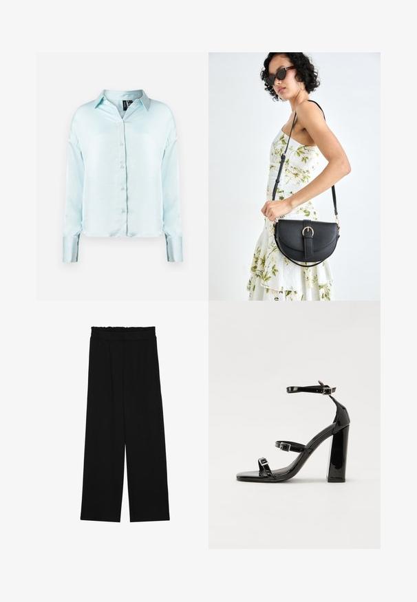Light blue, long-sleeve button-up shirt featuring a classic collar, soft fabric, and a slightly cropped hem with cuffed sleeves.; Black wide-leg trousers with a ruffled waistband, featuring two side pockets and a smooth, lightweight fabric. No visible patterns or hardware.; Black patent heeled sandals with a square toe, ankle straps, and silver buckles. Features a chunky block heel for stability.; Black leather handbag with a curved shape, detachable strap, and gold hardware. The bag features a flap with a buckle detail.