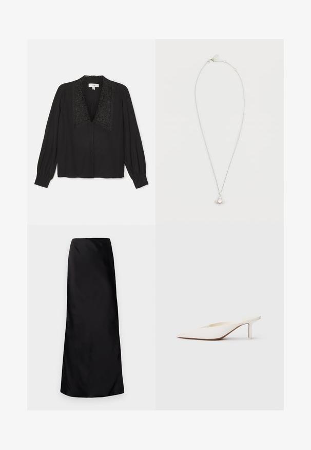Zwarte blouse met lange mouwen, voorzien van een decoratieve geborduurde kraag, knopen aan de voorkant en geplooide details bij de borst. Glad textuur.; Norma Kamali BIAS OBIE SKIRT - Maxirok - black; Witte muiltjes met spitse neus en een lage stilettohak. Gemaakt van glad materiaal met een minimalistisch ontwerp en subtiele tan kleurige zooldetails.; Zilveren ketting met een roze edelsteen hanger, met een delicate, getextureerde ketting en een verstelbare sluiting.