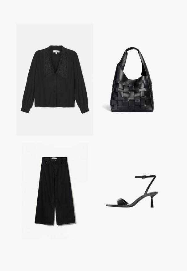 Schwarze Bluse mit langen Ärmeln, ausgestattet mit einem dekorativen bestickten Kragen, Knopfverschluss und gerafftem Detail an der Brust. Glatte Textur.; Bershka WIDE-LEG - Wide Leg - black; Bershka High Heel Sandalette - black; Schlichte schwarze Ledertasche mit geflochtenem Design, in lässiger Form und breitem Schulterriemen. Sie verfügt über eine strukturierte, verflochtene Optik mit glatter Oberfläche.
