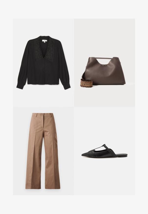 Černá blůza s dlouhými rukávy, ozdobená vyšívaným límcem, zapínáním na knoflíky a nařasením na hrudi. Hladká textura.; Hnědé kalhoty s širokými nohavicemi vyrobené z hladké tkaniny, s předním zapínáním na knoflík, dvěma předními kapsami a čistými, dobře střiženými liniemi.; Černé kožené slingback boty se špičatou špičkou, s tkaným akcentem a plisovaným designem svršku. Plochá podešev s minimálním kovovým zapínáním.; Hnědá kožená kabelka s texturovaným povrchem, ostrým designem a výraznou horní rukojetí. Obsahuje detail tkaného popruhu se vzorem.