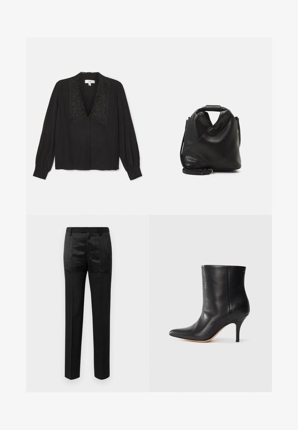 Must mustribli tekstuuriga must blouse pikkade varrukatega, kaunistatud tikitud kraega, nööbiga ees ja kogumise detailidega rinnas.; Mustad ülikondpüksid sirgete jalgadega ja vöökoht, millel on vööaasad, koos mattide ja läikivate kangaste paneelidega.; Must musta jalatsid terava ninaga, õhukese stiletto kontsaga ja siledast nahast. Minimalistlik disain ilma nähtava riistvarata või aksessuaarideta.; Must ja pehme nahast kott, millel on unikaalne keerdkujuline disain. Omab lühikest kätset ja eemaldatavat õlarihma. Minimalistlik stiil.