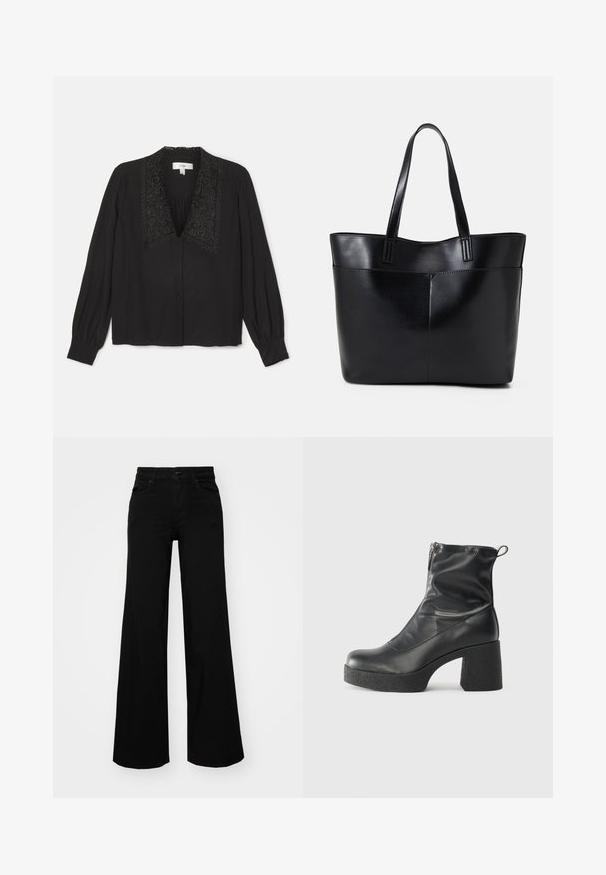 Czarna bluzka z długimi rękawami, z dekoracyjnym haftowanym kołnierzykiem, zapinana na guziki z marszczeniem w okolicy biustu. Gładka tekstura.; Czarne szerokie spodnie dżinsowe z usztywnionym pasem, szlufkami na pasek i kieszeniami z przodu. Gładka faktura o klasycznym fasonie.; Czarne botki za kostkę wykonane z gładkiej skóry, wyposażone w boczny zamek błyskawiczny, masywny teksturowany obcas oraz zaokrąglony czubek.; Czarna skórzana torba na ramię z dwoma długimi uchwytami, gładką teksturą i sztywną formą. Posiada przednią kieszeń dla dodatkowego przechowywania.