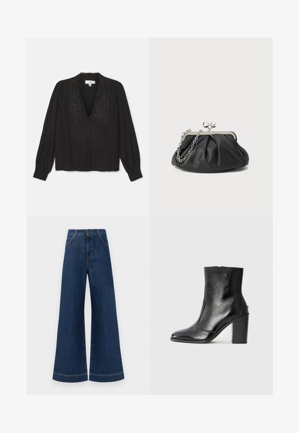 Blusa negra de manga larga con un cuello bordado decorativo, cierre frontal de botones y detalle fruncido en el pecho. Textura suave.; Jeans de mezclilla azul de pierna ancha con una cintura alta, que cuentan con un cierre de botón, pasadores para cinturón y detalles de costura sutil a lo largo de los bolsillos y los dobladillos.; Botín negro de cuero con textura suave, puntera puntiaguda y un tacón alto y robusto. Presenta una apertura lateral y un diseño minimalista.; Clutch de cuero negro con textura arrugada, marco de metal en tono plateado, cierre de beso y cadena para colgar. Superficie suave y lisa.