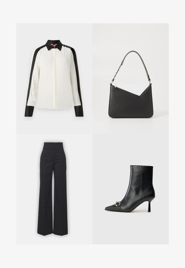 Balta bluzė su juodais satino akcentais ant pečių ir rankogalių, su klasikine apykakle ir ilgomis rankovėmis, pagaminta iš lygaus audinio.; Juodos plačios kojinės kelnės su aukštu juosmeniu, turinčios švarų apdailą ir lygų paviršių. Matomi jokių metalinių detalių ar raštų.; Juodas odinis apavas iki kulkšnies su smailiu nosiu, plonu vidutinio aukščio kulnu ir sidabriniu sagties akcentu šone, prieš paprastą foną.; Juodos odos rankinė trikampio formos, su siauru dirželiu ir sidabriniais aksesuarais. Yra užtrauktuko uždarymas ir iškilmingas logotipas priekyje.