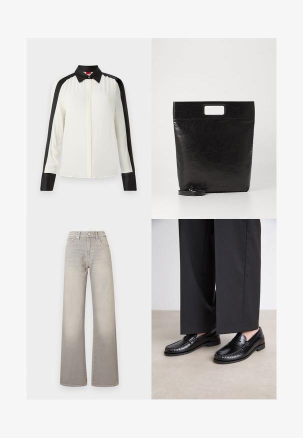Bílá blůza s černými saténovými akcenty na ramenou a manžetách, se klasickým límečkem a dlouhými rukávy z hladkého textilního materiálu.; Šedé široké džíny s vybledlým vzhledem, zapínání na knoflík, pět kapsičkový design a prošívání podél švů.; Černé kožené loafers s hladkým povrchem, prošívané detaily kolem špičky a nízkou gumovou podrážkou. V kombinaci s širokými černými kalhotami.; Černá kožená taška přes rameno se čtvercovou rukojetí, s texturovaným povrchem a embosovaným logem. Obsahuje odnímatelný popruh.