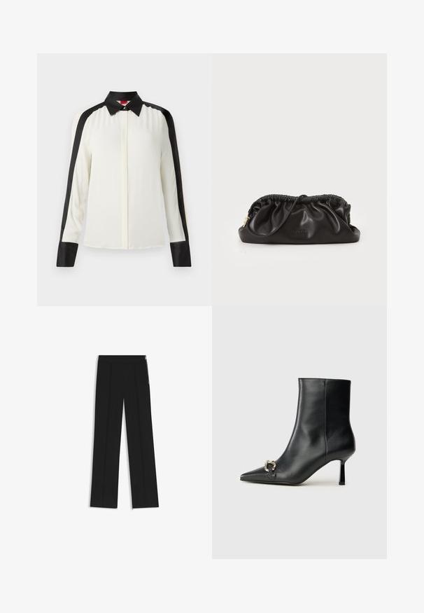 Witte blouse met zwarte satijnen accenten langs de schouders en manchet, met een klassieke kraag en lange mouwen in een gladde stoftextuur.; Zwarte wijde broek met twee voorplooien, elastische tailleband en zijritsen voor detail. Soepele textuur en minimalistisch ontwerp.; Zwarte leren enkelboot met spitse neus, slanke middenhoge hak en zilveren gespdetail aan de zijkant op een effen achtergrond.; Zwarte leren clutch met geplooide bovenkant, ritsluiting en gouden hardwareaccenten. Gladde textuur met reliëflogo-detail.