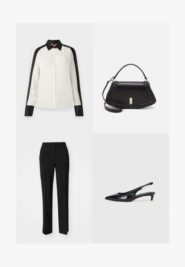 Hvid bluse med sorte satin detaljer langs skuldre og manchetter, med en klassisk krave og lange ærmer i en glat stoftekstur.; Sorte skræddersyede bukser med lige ben-design, der har en glat tekstur og skarpe folder langs fronten. Ingen synlige hardware.; Sorte læder slingback hæle med spids tå, der har en slank hæl og en guldfarvet detalje på den justerbare rem. Glat tekstur.; Sort læderhåndtaske med en struktureret design, der har en kortet form, tophåndtag og guld hardware-accenter. Justerbar skulderrem inkluderet.