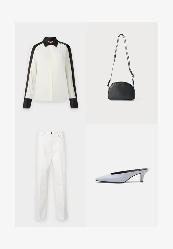 Hvit bluse med svarte satengdetaljer langs skuldrene og mansjettene, med klassisk krage og lange ermer i en glatt stofftekstur.; Hvite denimbukser med rett snitt, knappelukking og to frontlommer. Ingen synlige mønstre eller dekorasjoner. Jevn tekstur.; Lys blå patentlær mule med spiss tå, lav gjennomsiktig hæl og en elegant design med utskjæring på vampen.; Svart lær crossover-veske med avrundet form, to justerbare stropper og en subtil logo på forsiden. Teksturert overflate, minimalistisk design.