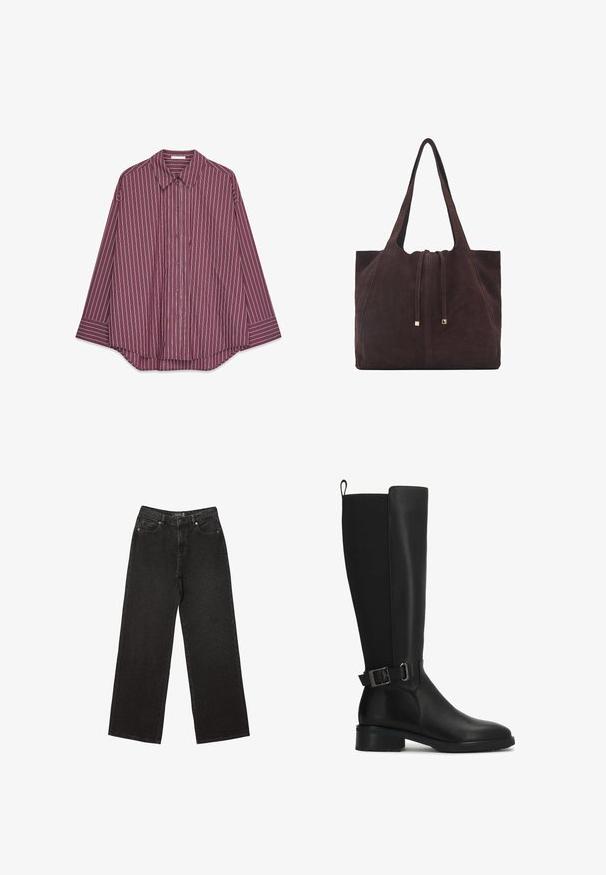 Langärmliges, kastanienrotes Hemd mit Knöpfen, das vertikale weiße und bunte Streifen aufweist, mit einem klassischen Kragen und einem abgerundeten Saum.; Schwarze weit geschnittene Jeans aus Denim, mit kleinen gepunkteten Mustern, klassischem Fünf-Taschen-Design und einem Knopf- und Reißverschluss.; Schwarze Leder-Stiefel bis zum Knie mit glatter Oberfläche, runder Zehenpartie und einem dekorativen Riemen mit Schnalle am Knöchel. Sie verfügen über einen niedrigen Blockabsatz.; Mango Shopping Bag - dark brown