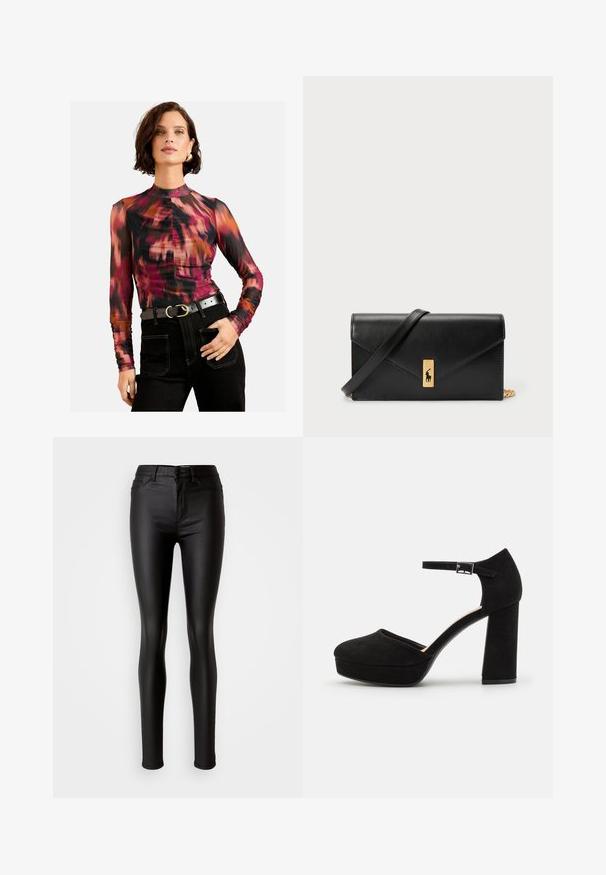 Hosszú ujjú felső, amely színes mintával rendelkezik, pink, fekete és narancssárga árnyalatokban, magas nyakkivágással és slim fit szabással, sötét farmerrel párosítva.; Fekete műbőr skinny farmernadrág sima textúrával, magas derékkal, gombos záródással és hagyományos öt zsebes kialakítással.; Fekete velúr platform sarkú cipők vastag, blokksarkúval, lekerekített orral és fémcsattal rögzített bokapánttal. Simább textúrájú egész terjedelemben.; Fekete bőr pénztárca hajtható fedéllel, aranyszínű kiegészítőkkel, logóval díszítve. Levehető pánttal a könnyű hordozás érdekében.