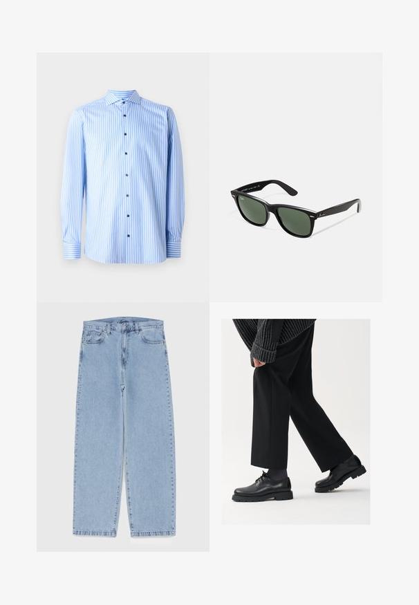 Chemise bleu clair à boutons, avec des rayures blanches verticales, des manches longues et un col évasé. Présente des boutons bleus et des accents aux poignets.; Jean en denim bleu clair avec une coupe droite, présentant une taille mi-haute, cinq poches, et une fermeture à bouton et à fermeture éclair.; Chaussures en cuir noir à bout arrondi, à lacets, avec une semelle épaisse et texturée. Portées avec un pantalon noir ajusté et un pull à côtes.; Lunettes de soleil en plastique noir avec verres verts, monture carrée, accent argenté sur le sourcil et branches texturées. Marque indiquée sur l'intérieur de la branche.