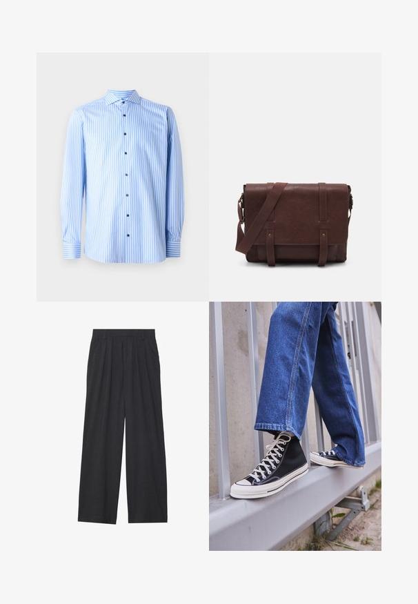 Camicia button-up azzurra chiaro con righe verticali bianche, maniche lunghe e colletto aperto. Presenta bottoni blu e dettagli ai polsini.; Pantaloni a gamba larga realizzati in tessuto grigio scuro. Presentano pences in vita, un design sartoriale e una silhouette dritta.; Scarpe da ginnastica nere alte con suola e lacci bianchi, abbinate a jeans di denim blu larghi, appoggiate su un parapetto grigio.; Borsa a tracolla in pelle marrone con un davanti piatto, due cinghie, dettagli in metallo dorato e una tracolla regolabile.