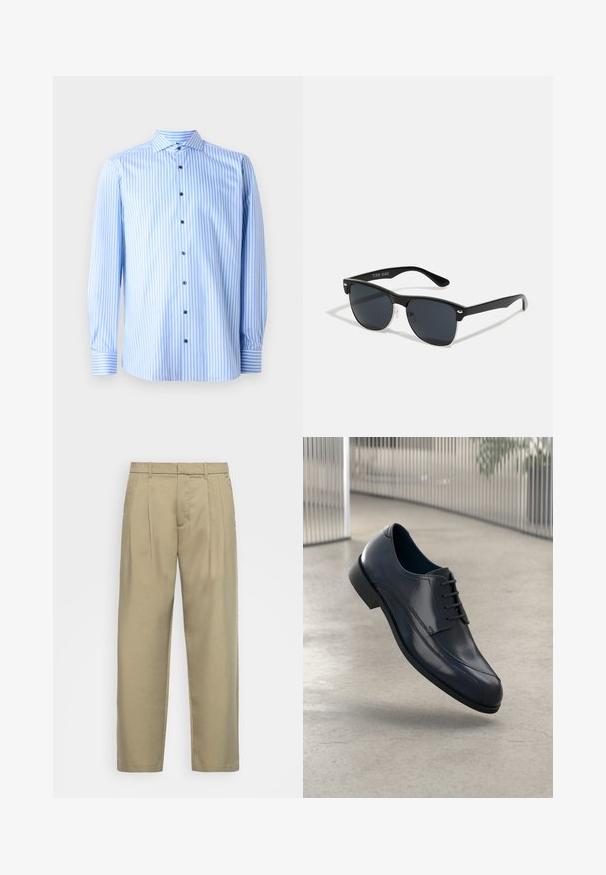 Lyseblå skjorte med hvite vertikale striper, lange ermer og spredt krage. Har blå knapper og mansjett-detaljer.; Beige, høytlivs bukser med rett snitt, med flat front, sidelommer og et jevnt, strukturert stoff.; Glans svart lærdressko med snørebånd, svevende over et glatt, lyst grått gulv med vertikale metallstenger i bakgrunnen.; Sorte solbriller med rektangulær form, mørke linser, sølvfargede detaljer ved templene, og en matt finish på rammen.
