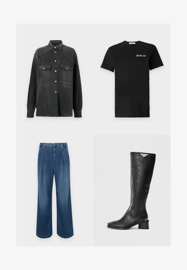 Replay SHIRT - Button-down blouse - dark grey; Black cotton t-shirt with short sleeves, featuring a white "REPLAY" logo on the left chest. Classic crew neck design.; Wide-leg denim trousers in medium blue wash. Features a button closure, two front pleats, and contrasting stitching. Soft texture and smooth finish.; Black knee-high boot made of smooth leather, featuring a square toe and a medium block heel with a metallic accent on the heel.