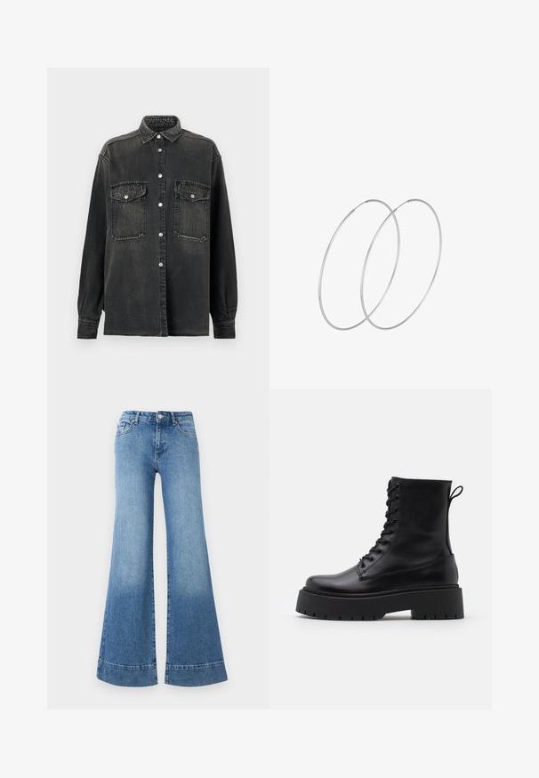 Replay SHIRT - Košilová halenka - dark grey; Svetle modré riflové kostýmové džíny s vysokým pasem, širokými nohavicemi a mírným vyblednutím. Obsahují klasický pětikapsový design a kovové zapínání na knoflík.; Černé kožené kotníkové boty s kulatou špičkou, šněrováním na přední straně a silnou gumovou podešví s texturovaným vzorkem. S poutkem vzadu.; Stříbrné kruhové náušnice s minimalistickým designem. Kruh, hladký povrch a tenký profil. Lehká konstrukce s lesklým povrchem.